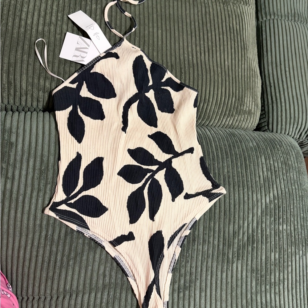 Zara Beige and Black Leaf Bodysuit